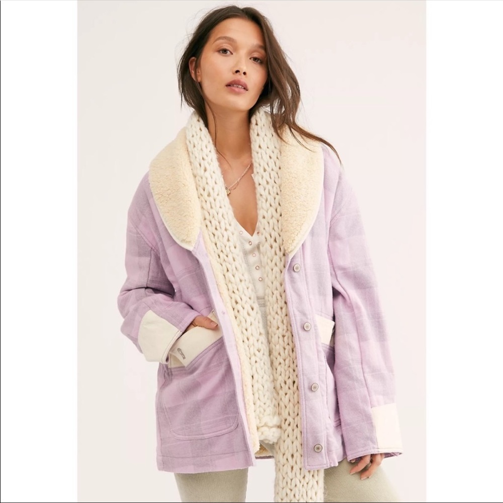 NWOT Free People Woodland Lilac Plaid Sherpa Jacket